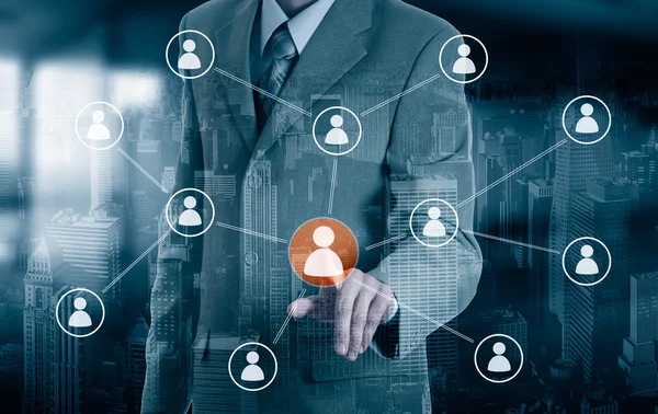 Hand uitvoering zakenman pictogram netwerk - Hr, Hrm, Mlm, teamwerk en leiderschap concept — Stockfoto