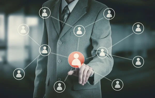 Hand uitvoering zakenman pictogram netwerk - Hr, Hrm, Mlm, teamwerk en leiderschap concept — Stockfoto