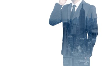 iş adamı cep telefonu ve şehir binaları arka plan ile çift pozlama. soyut tasarım fikir