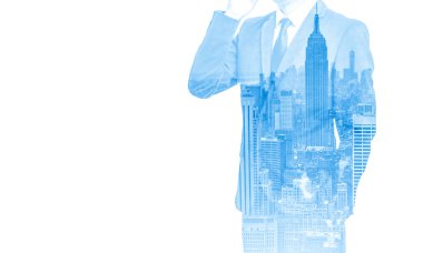 iş adamı cep telefonu ve şehir binaları arka plan ile çift pozlama. soyut tasarım fikir