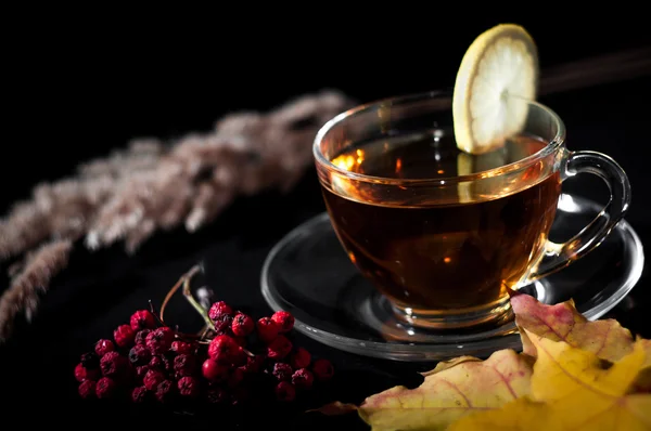 Té en taza con limón sobre fondo negro —  Fotos de Stock