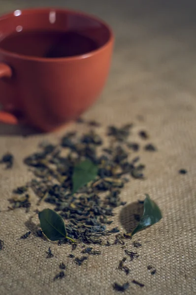 Té seco con hojas verdes en taza, sobre fondo de arpillera —  Fotos de Stock