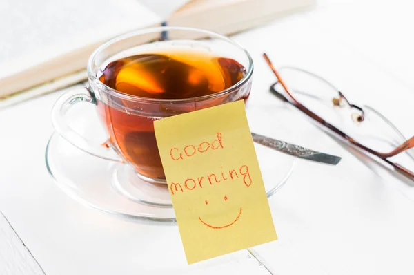 Good morning with smile and cup tea — Stock Photo, Image