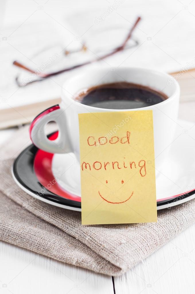 good morning with smile and cup coffe