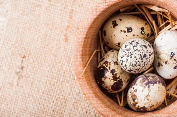 Huevos de codorniz crudos en un tazón de madera sobre fondo de arpillera — Foto de Stock