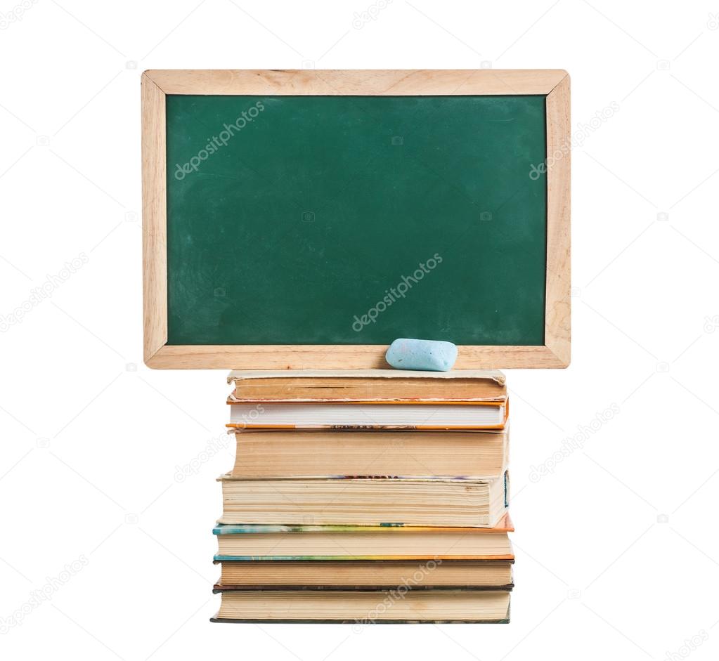 Still life with school books near blackboards on white background. Isolated