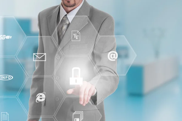 Business intelligence concept man pressing selecting data protection — Stock Photo, Image