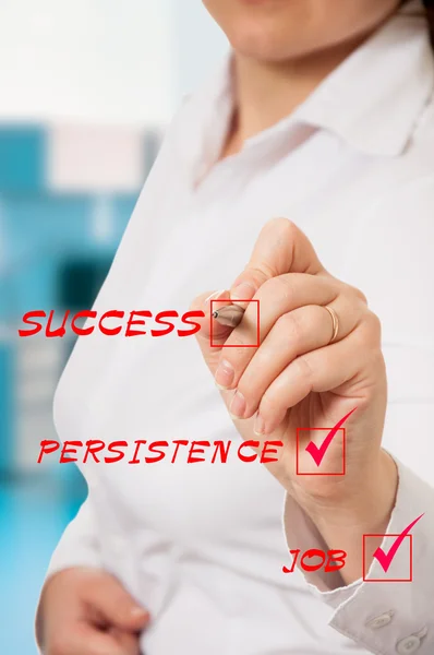 Business Woman in the office writing on transparent Board success — Stock Photo, Image