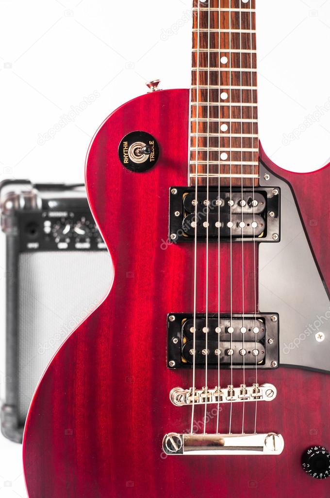 Detail of six-string electric guitar closeup, selective focus