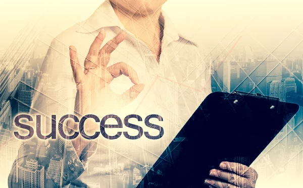 Happy gesturing success young cheerful business woman. Double exposure — Stock Photo, Image