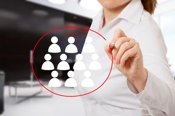 Hand pointing to businesswoman icon - HR, recruitment and chosen concept — Stock Photo, Image
