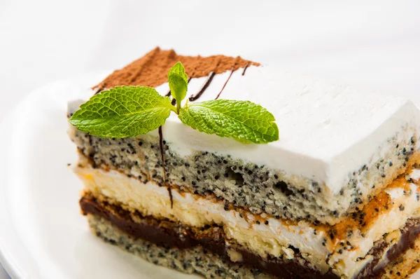 Cake with poppy seed and leaf fresh mint — Stock Photo, Image