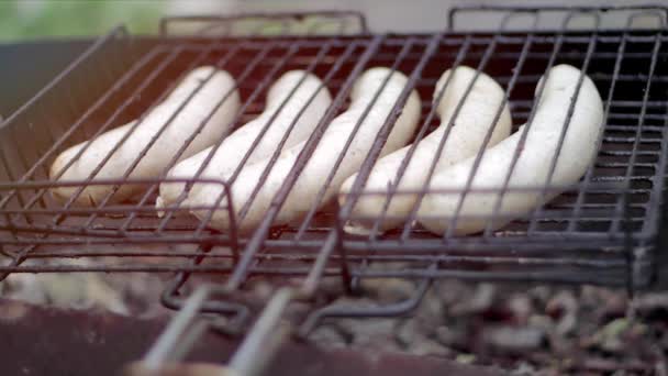 Salsichas Bratwurst cozinhando em um churrasco de madeira . — Vídeo de Stock