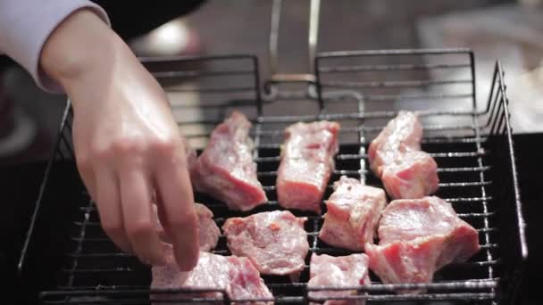 Schweinefleisch auf dem Grill — Stockvideo