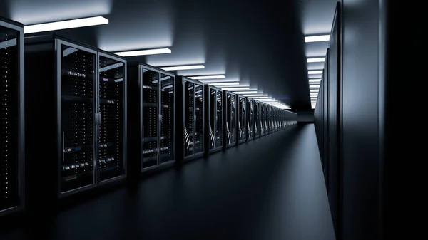 Server racks in server room cloud data center. Datacenter hardware cluster. Backup, hosting, mainframe, mining, farm and computer rack with storage information. 3D rendering. 3D illustration