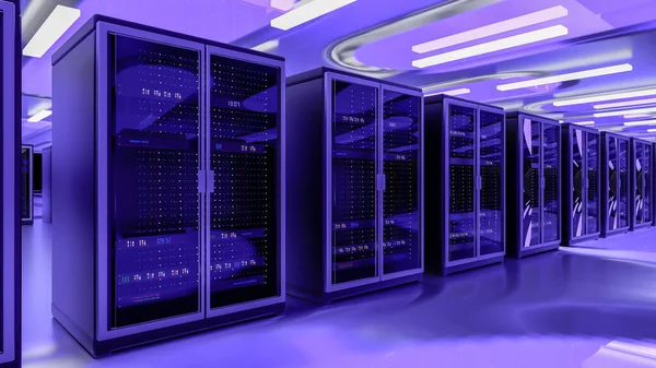 Server racks in server room cloud data center. Datacenter hardware cluster. Backup, hosting, mainframe, mining, farm and computer rack with storage information. 3D rendering. 3D illustration