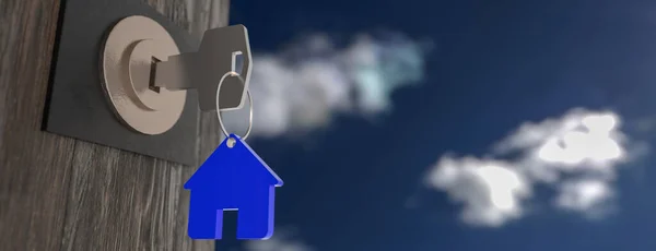 Modelo de casa y llave en la puerta de la casa. Agente de bienes raíces ofrecen casa, seguro de propiedad y seguridad, conceptos de vivienda asequible. renderizado 3d — Foto de Stock