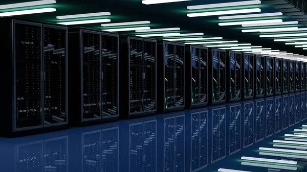 Centro de datos de la sala de servidores. Copia de seguridad, minería, alojamiento, mainframe, granja y rack de computadoras con información de almacenamiento. 3d renderizar — Foto de Stock