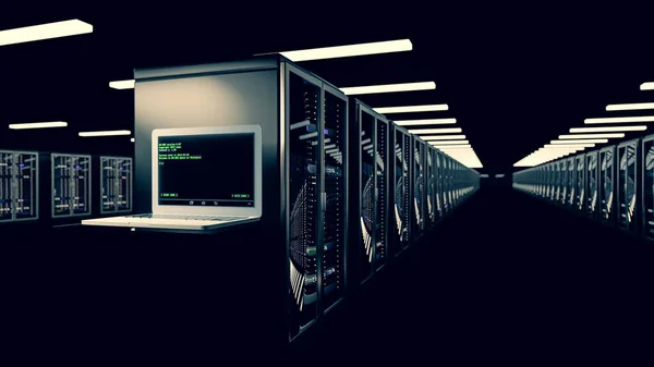 Centro de datos de la sala de servidores. Consola led de montaje en rack. Copia de seguridad, minería, alojamiento, mainframe, granja y rack de computadoras con información de almacenamiento. 3d renderizar — Foto de Stock