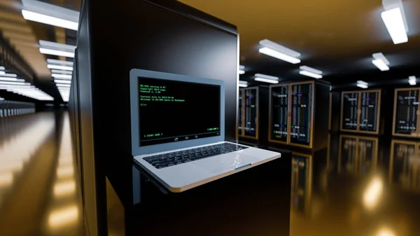 Server room data center. Rackmount LED console. Backup, mining, hosting, mainframe, farm and computer rack with storage information. 3d render