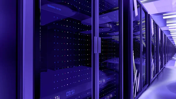 Centro de datos de la sala de servidores. Copia de seguridad, minería, alojamiento, mainframe, granja y rack de computadoras con información de almacenamiento. 3d renderizar — Foto de Stock