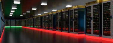 Sunucu odası veri merkezi. Yedek, madencilik, ev sahipliği, ana bilgisayar, çiftlik ve bilgisayar rafı ve depolama bilgileri. 3d hazırlayıcı