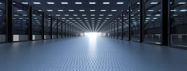 Serverrum datacenter. Säkerhetskopiering, gruvdrift, hosting, stordator, gård och datorställ med lagringsinformation. 3D-återgivning — Stockfoto