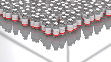 Covid-19 Coronavirus aşısı masasındaki taşıyıcıda birçok tek kullanımlık tüp var. Tıbbi bulaşıcı konsept. 3d oluşturma