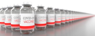 Covid-19 Coronavirus aşısı masasındaki taşıyıcıda birçok tek kullanımlık tüp var. Tıbbi bulaşıcı konsept. 3d oluşturma