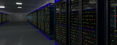 Sunucu odası veri merkezi. Yedek, madencilik, ev sahipliği, ana bilgisayar, çiftlik ve bilgisayar rafı ve depolama bilgileri. 3d hazırlayıcı