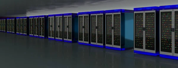 Centro de datos de la sala de servidores. Copia de seguridad, minería, alojamiento, mainframe, granja y rack de computadoras con información de almacenamiento. 3d renderizar — Foto de Stock