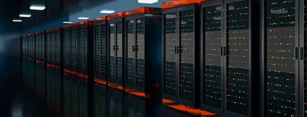 Rechenzentrum Serverraum. Backup, Bergbau, Hosting, Großrechner, Bauernhof und Computerregal mit Speicherinformationen. 3D-Darstellung — Stockfoto