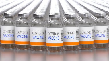Covid-19 Coronavirus aşısı masasındaki taşıyıcıda birçok tek kullanımlık tüp var. Tıbbi bulaşıcı konsept. 3d oluşturma