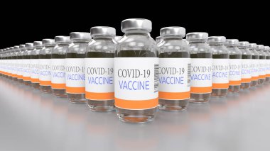 Covid-19 Coronavirus aşısı masasındaki taşıyıcıda birçok tek kullanımlık tüp var. Tıbbi bulaşıcı konsept. 3d oluşturma