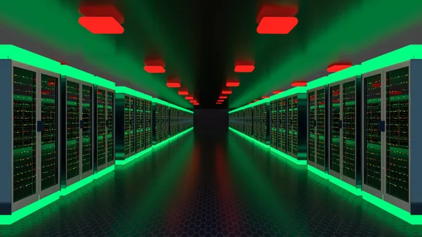 Servidor. Centro de datos de la sala de servidores. Copia de seguridad, alojamiento, mainframe, granja y estante de la computadora con información de almacenamiento. 3d renderizar — Foto de Stock