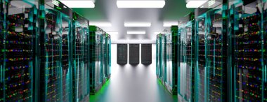 Sunucu odası veri merkezi. Yedek, madencilik, ev sahipliği, ana bilgisayar, çiftlik ve bilgisayar rafı ve depolama bilgileri. 3d hazırlayıcı