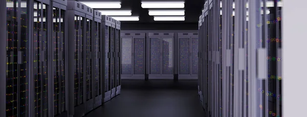 Datacenter serverruimte. Back-up, mijnbouw, hosting, mainframe, boerderij en computer rack met opslaginformatie. 3d renderen — Stockfoto