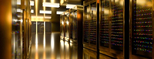 Server room data center. Backup, mining, hosting, mainframe, farm and computer rack with storage information. 3d render — Stock Photo, Image