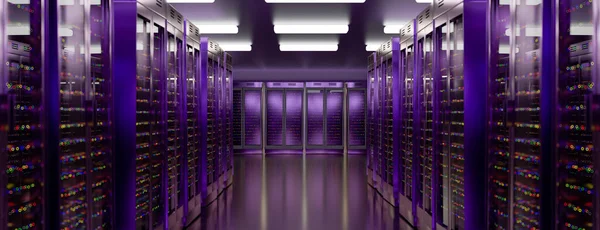 Server room data center. Backup, mining, hosting, mainframe, farm and computer rack with storage information. 3d render — Stock Photo, Image