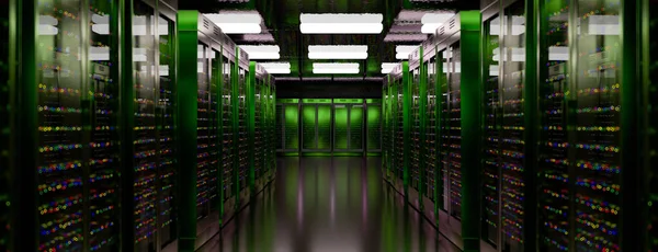 Datové centrum serverovny. Zálohování, těžba, hosting, mainframe, farma a počítačové regály s úložnými informacemi. 3D vykreslení — Stock fotografie