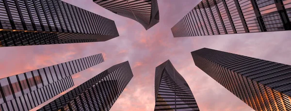 Panoramatický a perspektivní pohled na ocelově světle modré pozadí skla vysoké budovy mrakodrap města budoucnosti. Obchodní koncepce průmyslové technické architektury. 3D vykreslování. 3D ilustrace — Stock fotografie