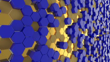 Altıgen soyut desen. Duvarda bal peteği şeklinde renkli seramik fayanslar var. 3d oluşturma
