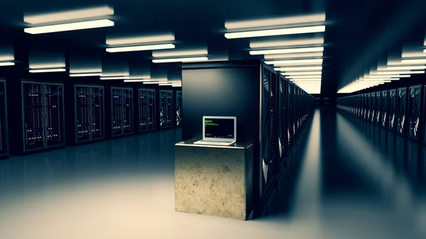 Центр обробки даних сервера. Резервне копіювання, гірнича справа, хостинг, мейнфрейми, ферми та комп'ютерні стійки з інформацією про зберігання. 3d візуалізація — стокове фото