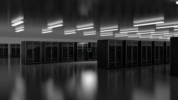 Centro de datos de la sala de servidores. Copia de seguridad, minería, alojamiento, mainframe, granja y rack de computadoras con información de almacenamiento. 3d renderizar — Foto de Stock