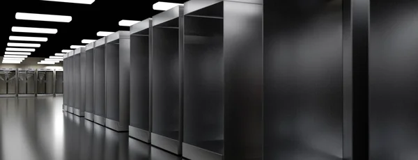 Centro de datos de la sala de servidores. Copia de seguridad, minería, alojamiento, mainframe, granja y rack de computadoras con información de almacenamiento. 3d renderizar — Foto de Stock