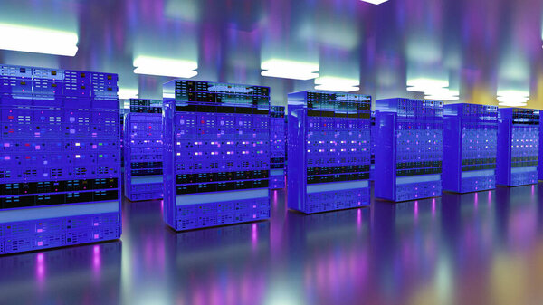 Server room data center. Backup, mining, hosting, mainframe, farm and computer rack with storage information. 3d render