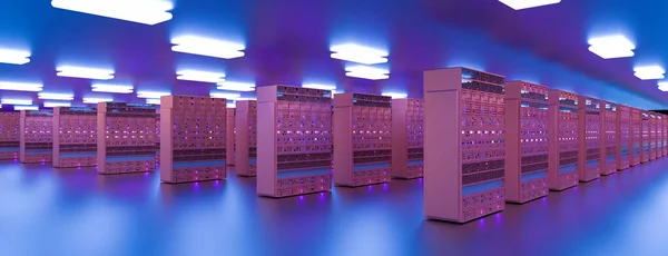 Serverrum datacenter. Säkerhetskopiering, gruvdrift, hosting, stordator, gård och datorställ med lagringsinformation. 3D-återgivning — Stockfoto