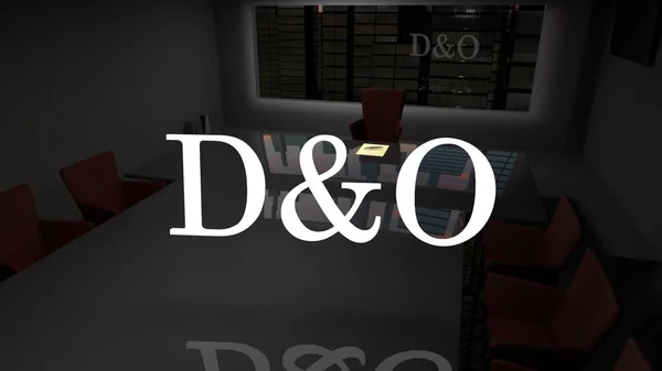 D ve O. Yöneticiler ve memurlar sorumluluk sigortası konsepti. Pencerenin dışında büyük bir masası ve gökdelenleri olan müdürler ofisi. 3d oluşturma