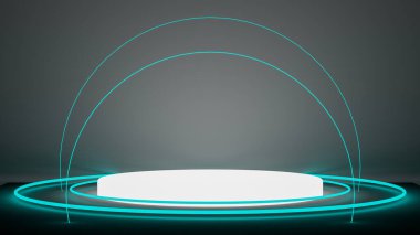 Yaya podyumu. 3D soyut kavram spot ışıklarıyla kaideyi aydınlattı. Moda, kıyafet ya da kozmetik için mükemmel bir görüntü. Nesnenizi ya da ürününüzü kaideye yerleştirin. 3d oluşturma