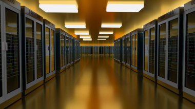 Sunucu odası veri merkezi. Yedek, madencilik, ev sahipliği, ana bilgisayar, çiftlik ve bilgisayar rafı ve depolama bilgileri. 3d hazırlayıcı